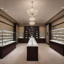 Refined interior of a jewelry shop, precisely dimensioned at 18ft in length and 12ft in width. Includes well-lit glass cases for jewelry display, sophisticated chandeliers, and plush velvet furnishings.