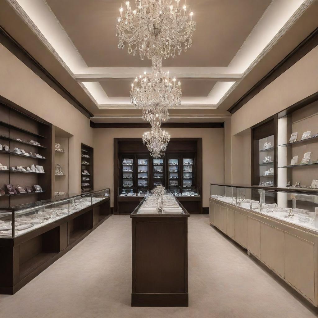 Refined interior of a jewelry shop, precisely dimensioned at 18ft in length and 12ft in width. Includes well-lit glass cases for jewelry display, sophisticated chandeliers, and plush velvet furnishings.