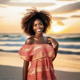 Generate an image of a beautiful 22 year old African woman enjoying her time at the beach