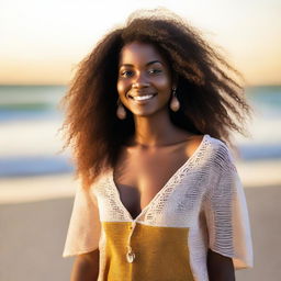 Generate an image of a beautiful 22 year old African woman enjoying her time at the beach