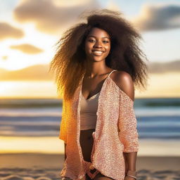 Generate an image of a beautiful 22 year old African woman enjoying her time at the beach