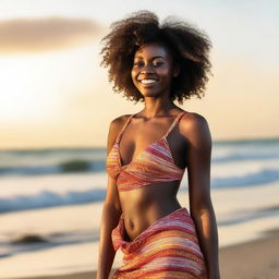 Generate an image of a beautiful 22 year old African woman enjoying her time at the beach