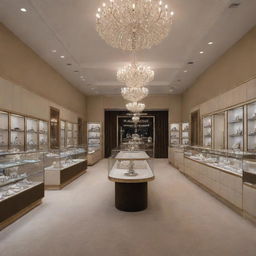 Refined interior of a jewelry shop, precisely dimensioned at 18ft in length and 12ft in width. Includes well-lit glass cases for jewelry display, sophisticated chandeliers, and plush velvet furnishings.