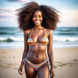 Generate an image of a beautiful 22 year old African woman in a tasteful bikini at the beach