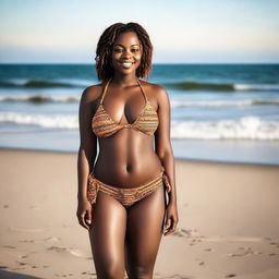 Generate an image of a beautiful 22 year old African woman in a tasteful bikini at the beach