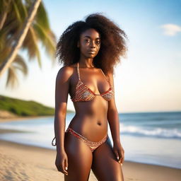 Generate an image of a beautiful 22 year old African woman in a tasteful bikini at the beach