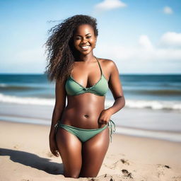 An image of a beautiful 22-year-old African woman in a bikini enjoying her time at the beach