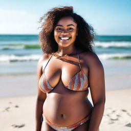 An image of a beautiful 22-year-old African woman in a bikini enjoying her time at the beach