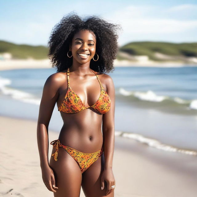 An image of a beautiful 22-year-old African woman in a bikini enjoying her time at the beach