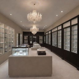 Refined interior of a jewelry shop, precisely dimensioned at 18ft in length and 12ft in width. Includes well-lit glass cases for jewelry display, sophisticated chandeliers, and plush velvet furnishings.