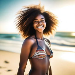 Generate an image of a 22-year-old African woman in a bikini, enjoying her time at the beach