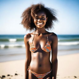 Generate an image of a 22-year-old African woman in a bikini, enjoying her time at the beach