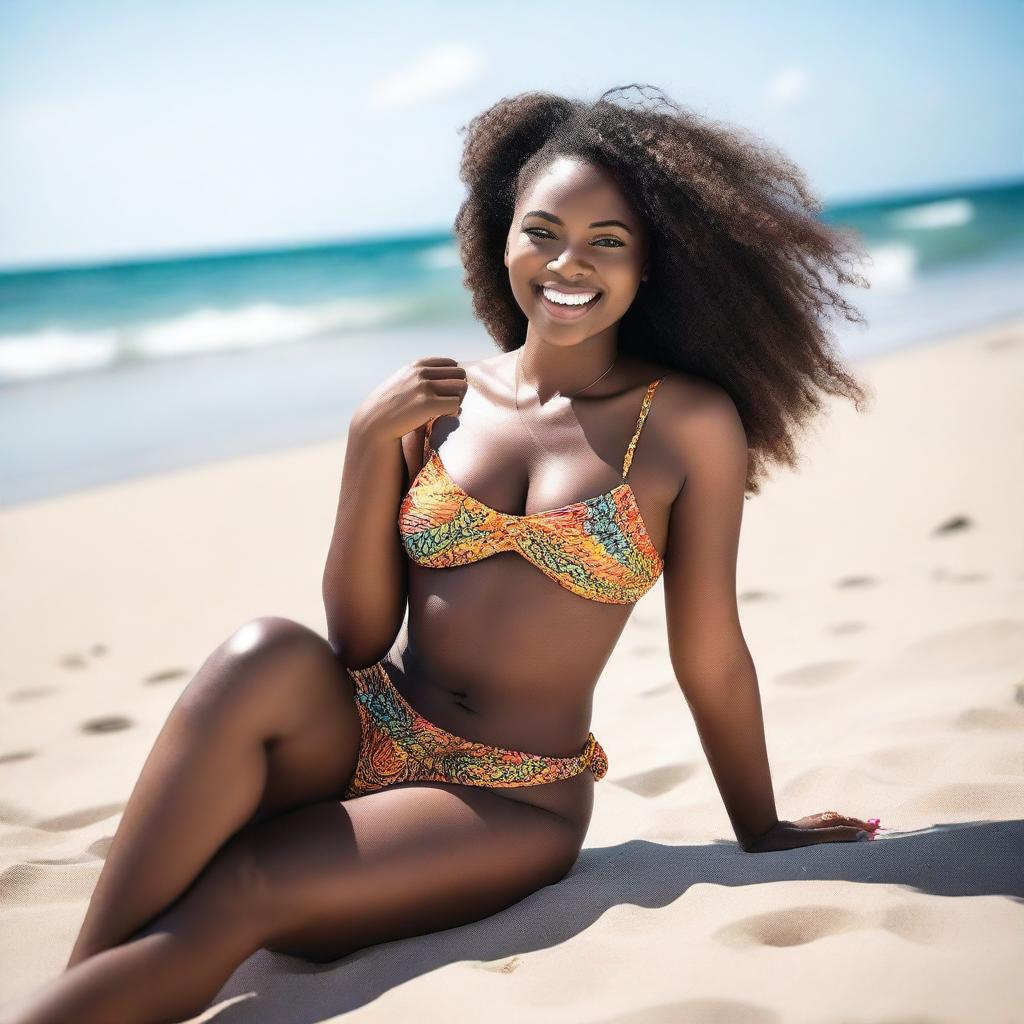 Create an image of a beautiful 22-year-old African woman, wearing a bikini, relaxing at the beach