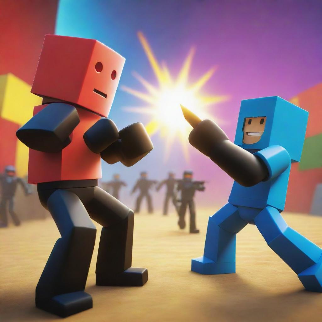 An exciting, vibrant 3D representation of a Roblox avatar engaged in a thrilling combat scene against another player character on a lively, interactive Roblox game world backdrop.