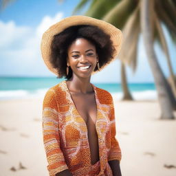 A young African woman in a tasteful beach outfit, enjoying her time at the beach