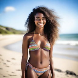 A beautiful 22 year old African woman, wearing a bikini, is enjoying her time at the beach