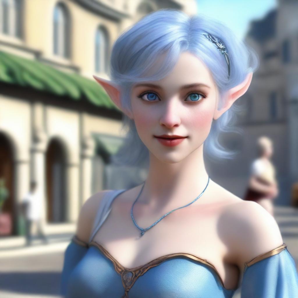 Generate a 3D realistic image of a beautiful half-elf woman dancing in a town square