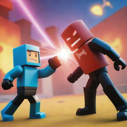 An exciting, vibrant 3D representation of a Roblox avatar engaged in a thrilling combat scene against another player character on a lively, interactive Roblox game world backdrop.