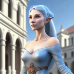 Generate a 3D realistic image of a beautiful half-elf woman dancing in a town square