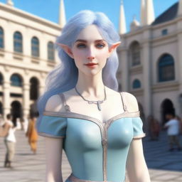 Generate a 3D realistic image of a beautiful half-elf woman dancing in a town square