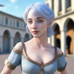 Generate a 3D realistic image of a beautiful half-elf woman dancing in a town square