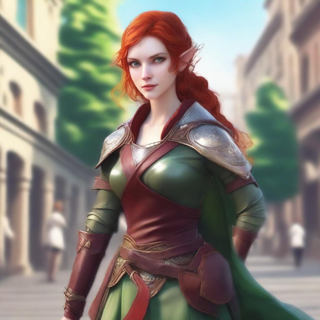 Generate a realistic image of a beautiful half-elf woman dancing in a town square