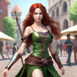 Generate a realistic image of a beautiful half-elf woman dancing in a town square