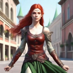 Generate a realistic image of a beautiful half-elf woman dancing in a town square