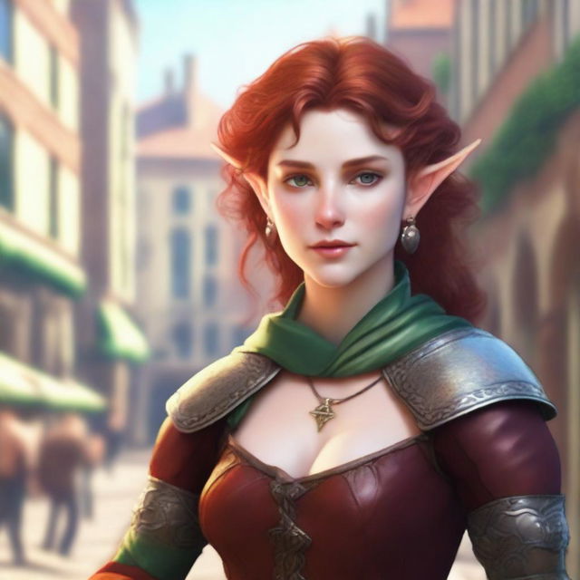 Generate a realistic image of a beautiful half-elf woman dancing in a town square