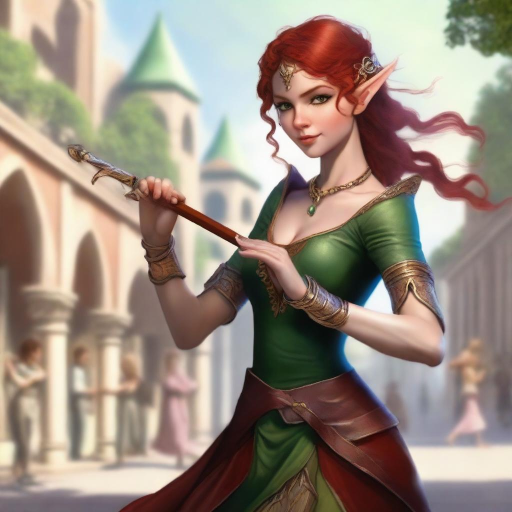 Generate a fantasy realism image of a beautiful half-elf woman dancing in a town square