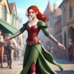 Generate a fantasy realism image of a beautiful half-elf woman dancing in a town square