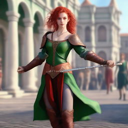 Generate a fantasy realism image of a beautiful half-elf woman dancing in a town square