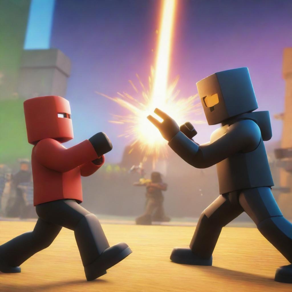 An exciting, vibrant 3D representation of a Roblox avatar engaged in a thrilling combat scene against another player character on a lively, interactive Roblox game world backdrop.