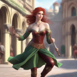 Generate a fantasy realism image of a beautiful half-elf woman dancing in a town square