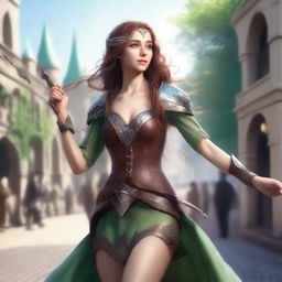 Generate a fantasy realism image of a beautiful half-elf woman dancing in a town square