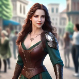 Generate a fantasy realism image of a beautiful half-elf woman dancing in a town square