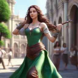 Generate a fantasy realism image of a beautiful half-elf woman dancing in a town square