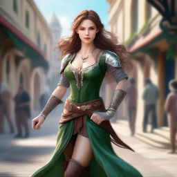 Generate a fantasy realism image of a beautiful half-elf woman dancing in a town square