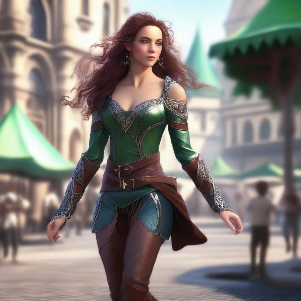 Generate a fantasy realism image of a beautiful half-elf woman dancing in a town square