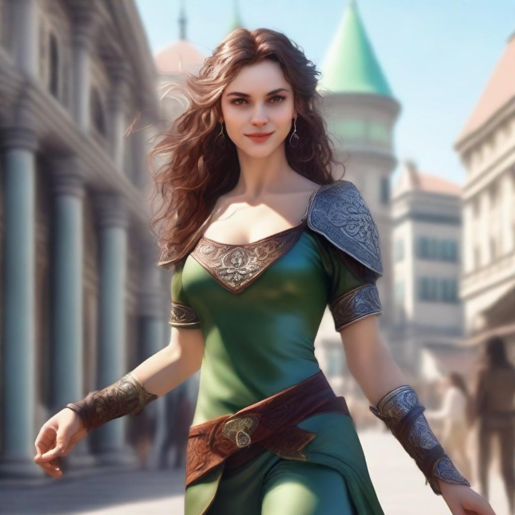 Generate a fantasy realism image of a beautiful half-elf woman dancing in a town square