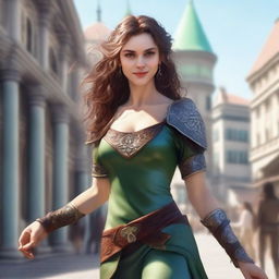 Generate a fantasy realism image of a beautiful half-elf woman dancing in a town square