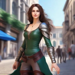 Generate a fantasy realism image of a beautiful half-elf woman dancing in a town square