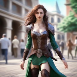 Generate a fantasy realism image of a beautiful half-elf woman dancing in a town square