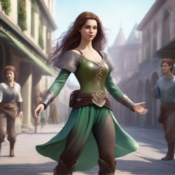 Generate a fantasy realism image of a cheerful half-elf woman dancing in a town square