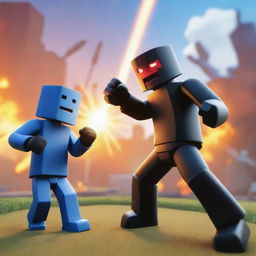 An exciting, vibrant 3D representation of a Roblox avatar engaged in a thrilling combat scene against another player character on a lively, interactive Roblox game world backdrop.