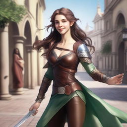 Generate a fantasy realism image of a cheerful half-elf woman dancing in a town square