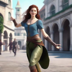 Generate a fantasy realism image of a cheerful half-elf woman dancing in a town square