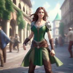 Generate a fantasy realism image of a cheerful half-elf woman dancing in a town square