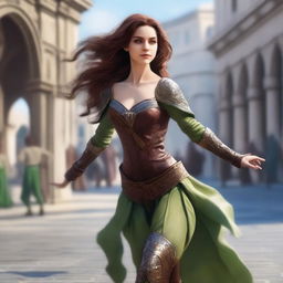 Generate a fantasy realism image of a cheerful half-elf woman dancing in a town square