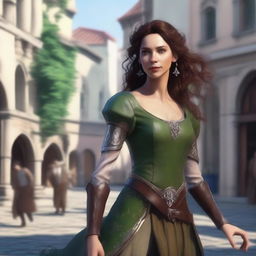 Generate a fantasy realism image of a cheerful half-elf woman dancing in a town square